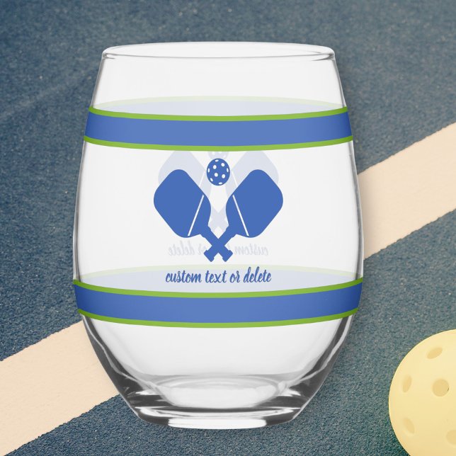 Blue Green  Custom Text Personalised Pickleball  Stemless Wine Glass (Creator Uploaded)