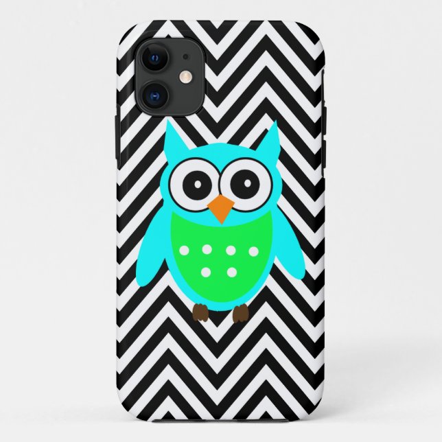 Blue Green Cute Owl Black Chevron Pattern Case-Mate iPhone Case (Back)