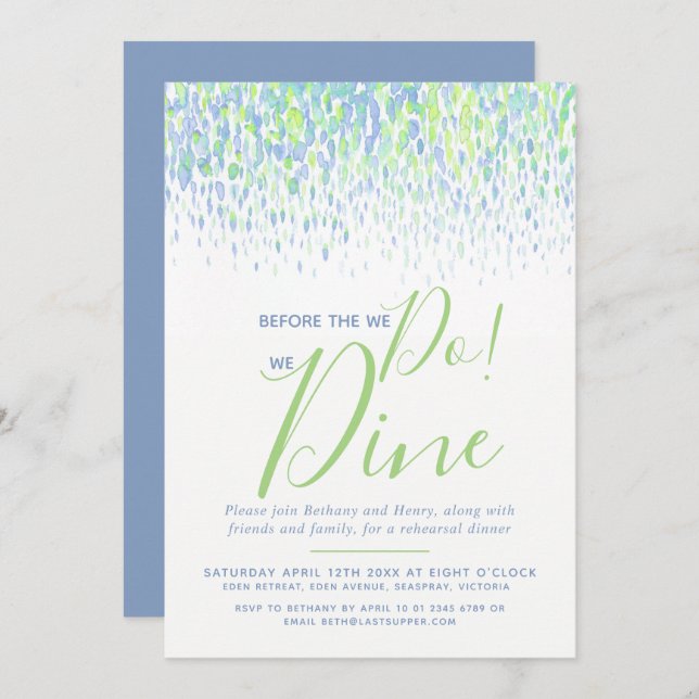Blue green dab art rehearsal dinner before we do invitation (Front/Back)
