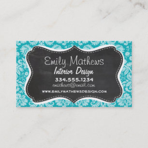 Blue-Green Damask Pattern; Retro Chalkboard Business Card