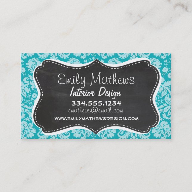 Blue-Green Damask Pattern; Retro Chalkboard Business Card (Front)