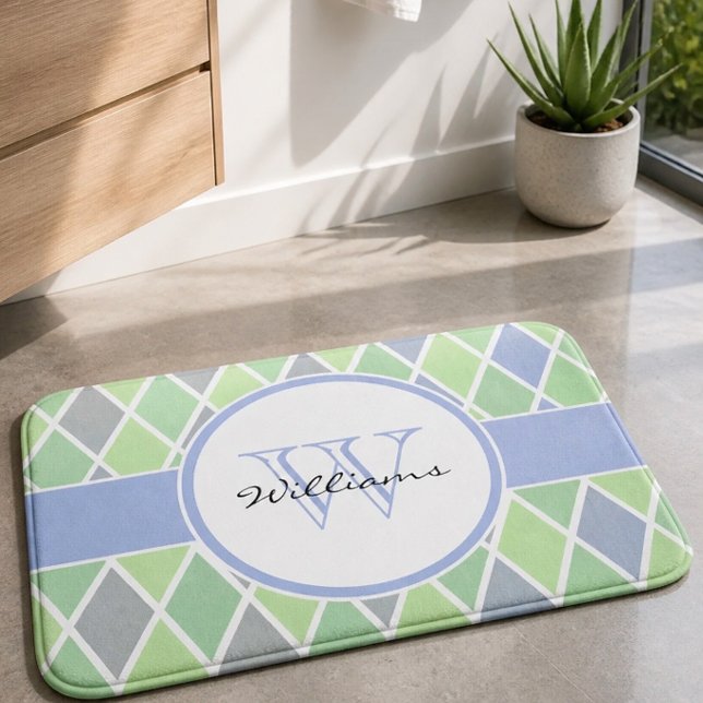 Blue & Green Diamond Pattern Personalised Bath Mat (Creator Uploaded)