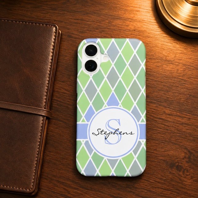 Blue & Green Diamond Pattern Personalised iPhone 16 Case (Creator Uploaded)