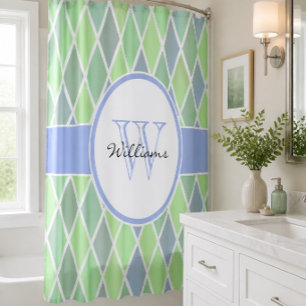 Blue & Green Diamond Pattern Personalised Shower Curtain
