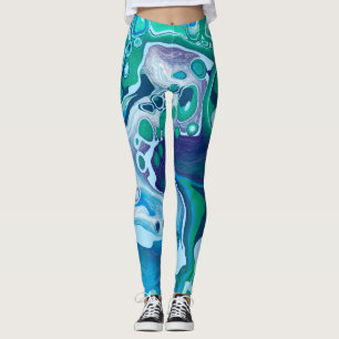 Blue Green Digital Marble Fluid Art    Leggings