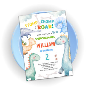 Blue Green Dinosaur Birthday Invitations