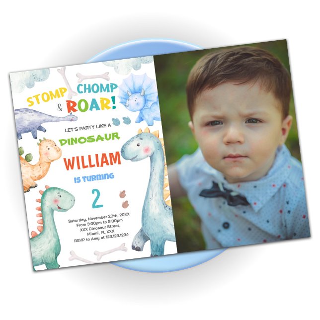 Blue Green Dinosaur Birthday Invitations w photo (Blue Green Dinosaur Birthday Invitations w photo)