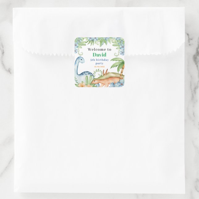 Blue & Green Dinosaur floral birthday party  Class Square Sticker (Bag)