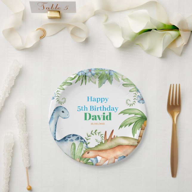 Blue & Green Dinosaur floral birthday party   Paper Plate (Wedding)