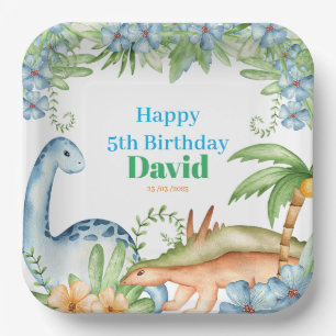 Blue & Green Dinosaur floral birthday party paper Plate