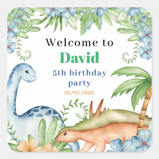 Blue & Green Dinosaur floral birthday party  Square Sticker (Front)