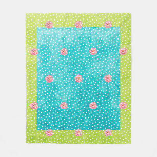 Blue Green Dots Pink Roses Fleece Blanket, Medium Blanket