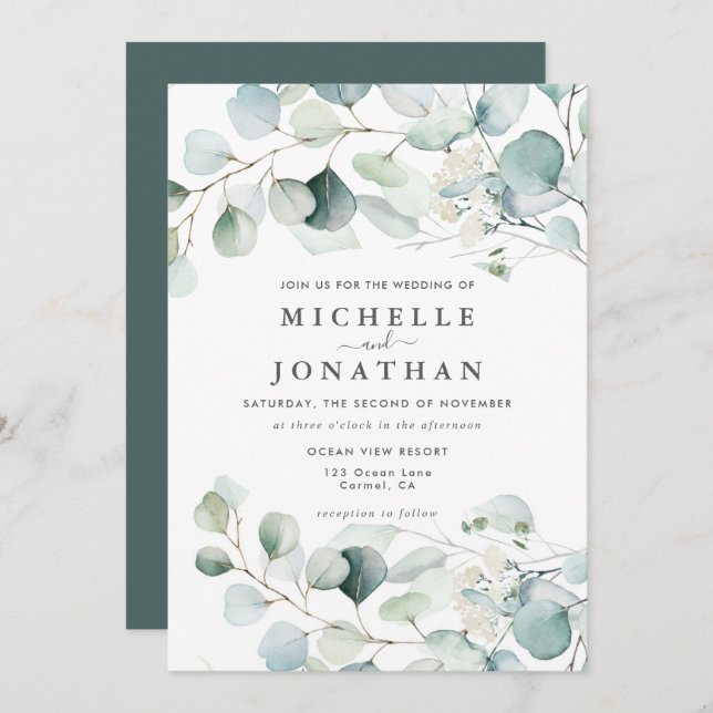 Blue Green Eucalyptus Bouquet Wedding Invitation (Front/Back)
