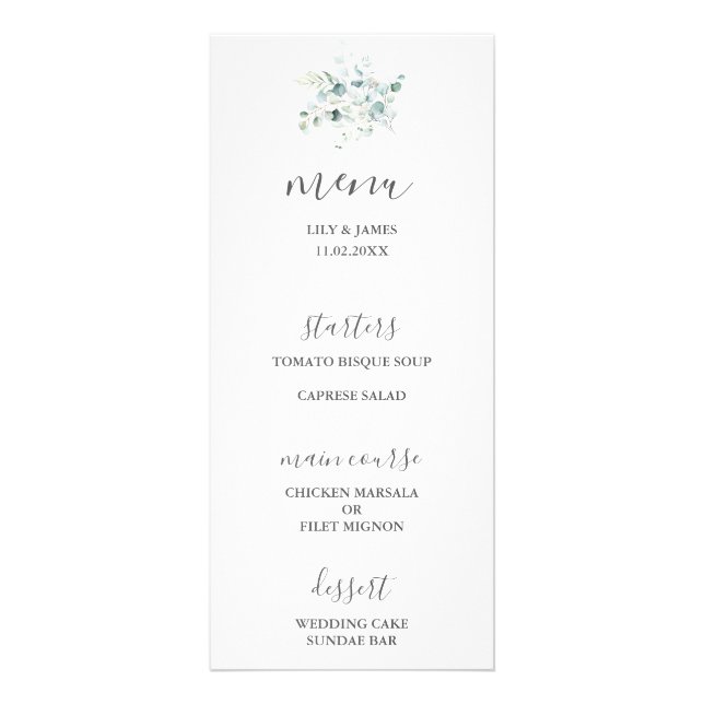 Blue Green Eucalyptus Bouquet Wedding Menu (Front)