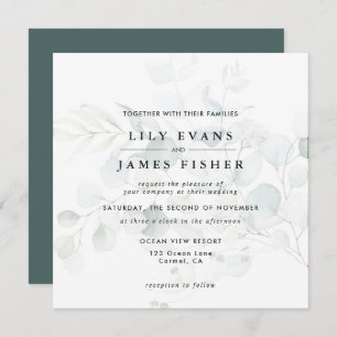 Blue Green Eucalyptus Foliage Bouquet Wedding Dark Invitation