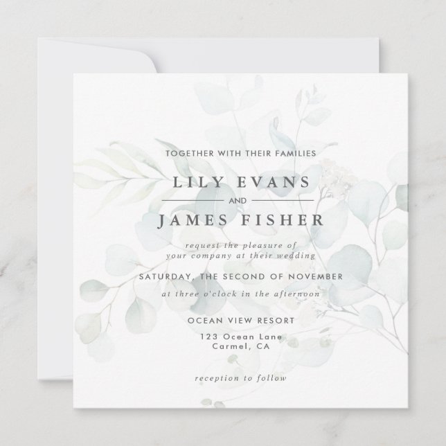 Blue Green Eucalyptus Foliage Bouquet Wedding  Invitation (Front)