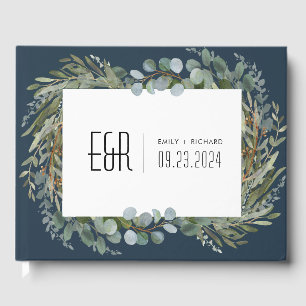 Blue Green Eucalyptus Frame Black on White Guest Book