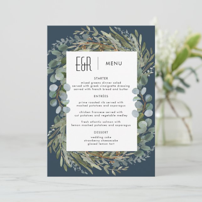 Blue Green Eucalyptus Frame Black on White Menu (Standing Front)