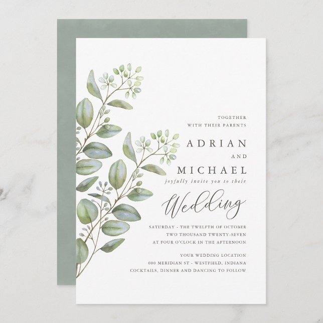Blue Green Eucalyptus Simple Fall Wedding Invitation (Creator Uploaded)