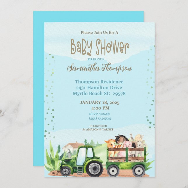 Blue Green Farm Tractor Boys Baby Shower   Invitation (Front/Back)