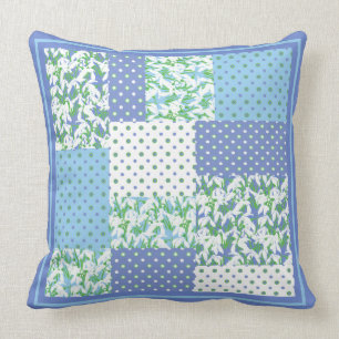 Blue Green Faux Patchwork Snowdrops and Polkas Cushion