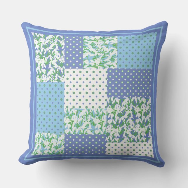 Blue Green Faux Patchwork Snowdrops and Polkas Cushion (Front)