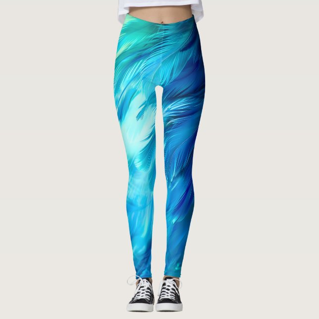 Blue Green Feather Abstract Leggings (Front)