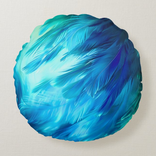 Blue Green Feather Abstract Round Cushion (Front)