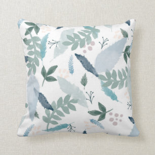 Blue Green Feather Leaves Pattern Cushion