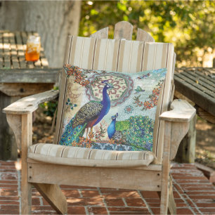 Blue Green Feather Peacock Bird Floral Patio Cushion