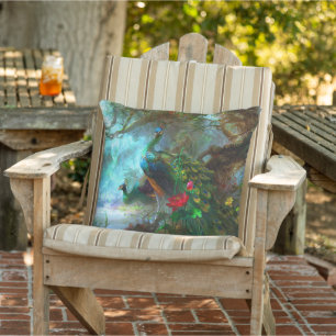 Blue Green Feather Peacock Bird Flower Patio Cushion