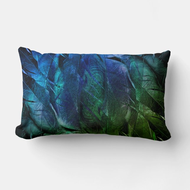 Blue & Green Feathers Lumbar Cushion (Front)