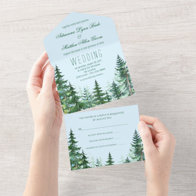 Blue Green Fir Tree All in One Wedding All In One Invitation (Tearaway)