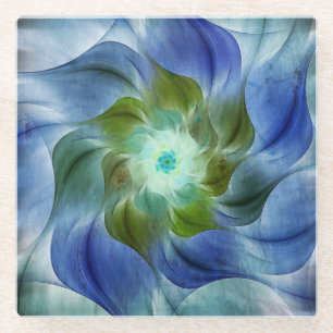 Blue Green Flame Fractal Flower Glass Coaster