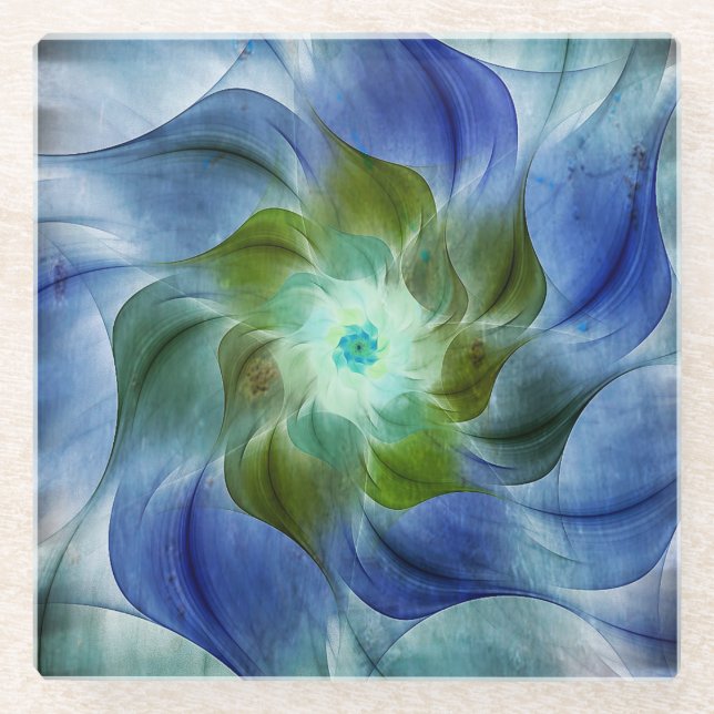 Blue Green Flame Fractal Flower Glass Coaster (Front)