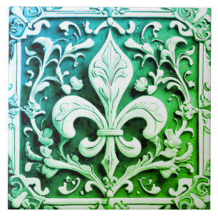 Blue Green Fleur de Lis Ceramic Tile