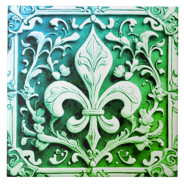Blue Green Fleur de Lis Ceramic Tile (Front)