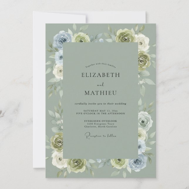 Blue Green Floral Arch Wedding Invitation (Front)