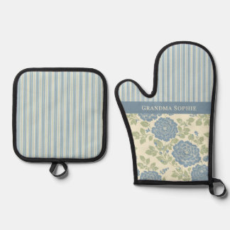 Blue Green Floral Block Print and Stripe Oven Mitt & Pot Holder Set