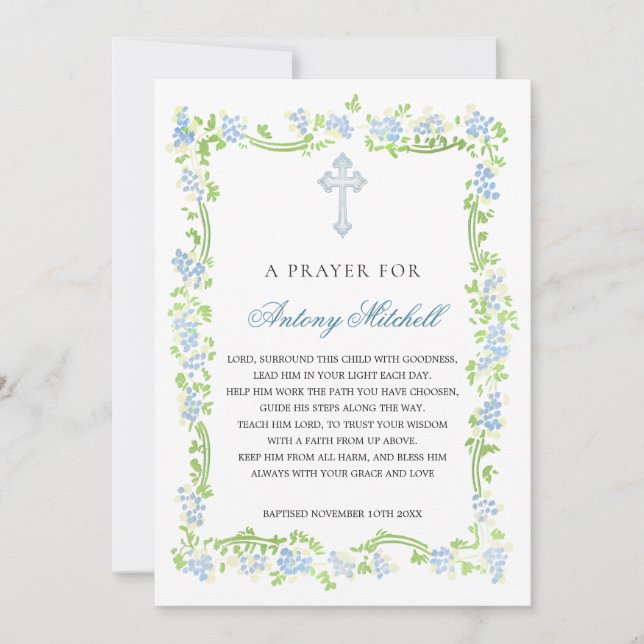Blue Green Floral Cross Baptism Prayer Invitation (Front)