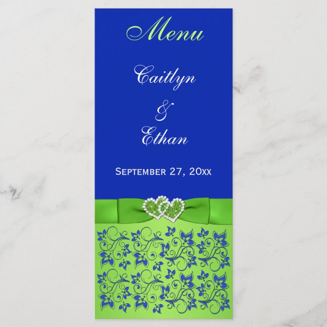 Blue, Green Floral, Hearts Menu Card (Front)