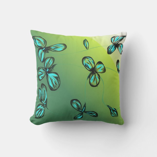 Blue Green Floral Outdoor Throw Pillows (Front)