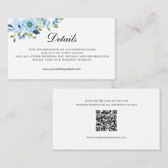 Blue Green Floral QR code Wedding Details Enclosure Card (Front/Back)