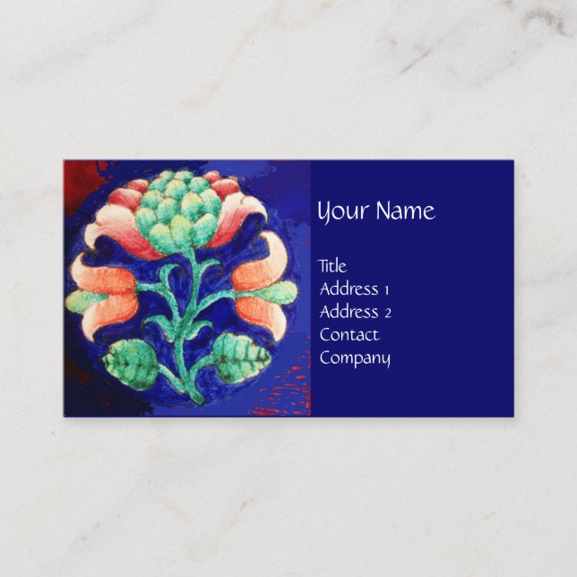 BLUE GREEN FLORAL /Stylised Pink Flower Business Card (Front)