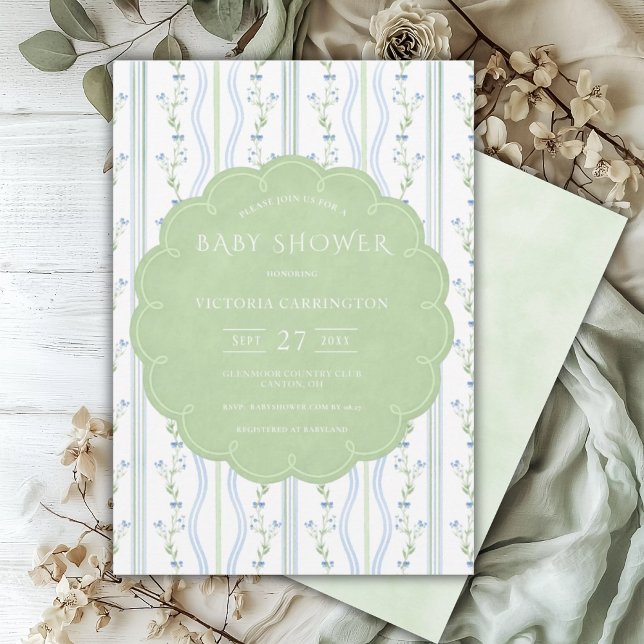 Blue & Green Floral Vintage Baby Shower Invitation (Creator Uploaded)
