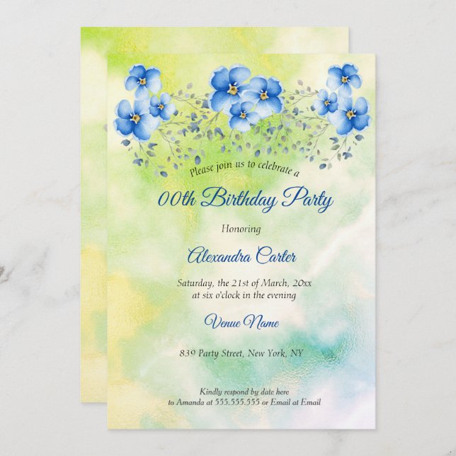 Blue Green Floral Watercolor Birthday Party Invitation (Front/Back)