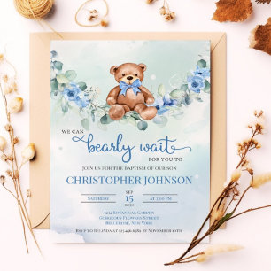 Blue Green Floral Watercolor Teddy Bear Baptism Invitation