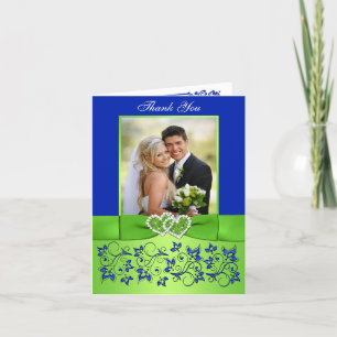 Blue, Green Floral Wedding Photo Thank You Card