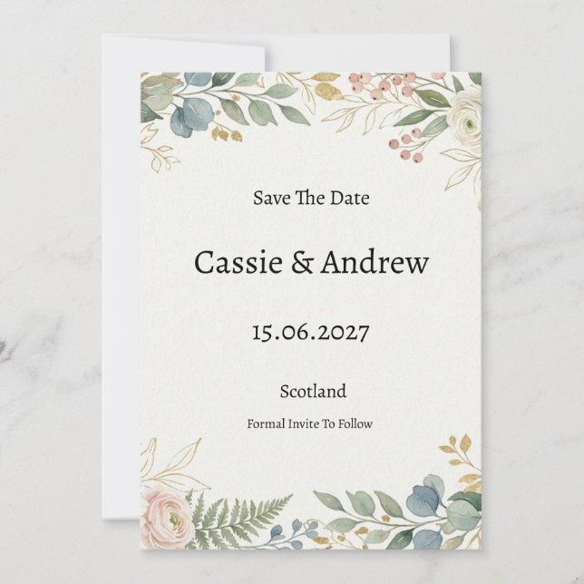 Blue Green Floral Wedding Save The Date (Front)