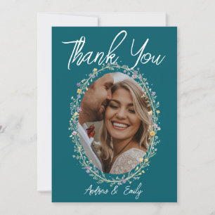 Blue Green Floral Wedding Thank You Card 